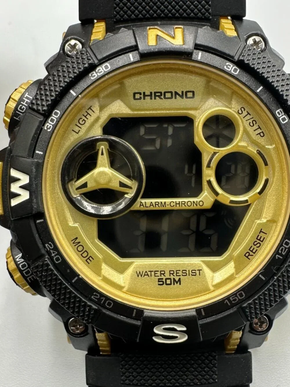 George Digital Watch Men Black Gold 53MM Round Dial Chrono New Battery